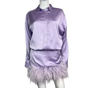 House of CB Women's S Purple Satin Ostrich Feather Trim Shirt Mini Dress EUC